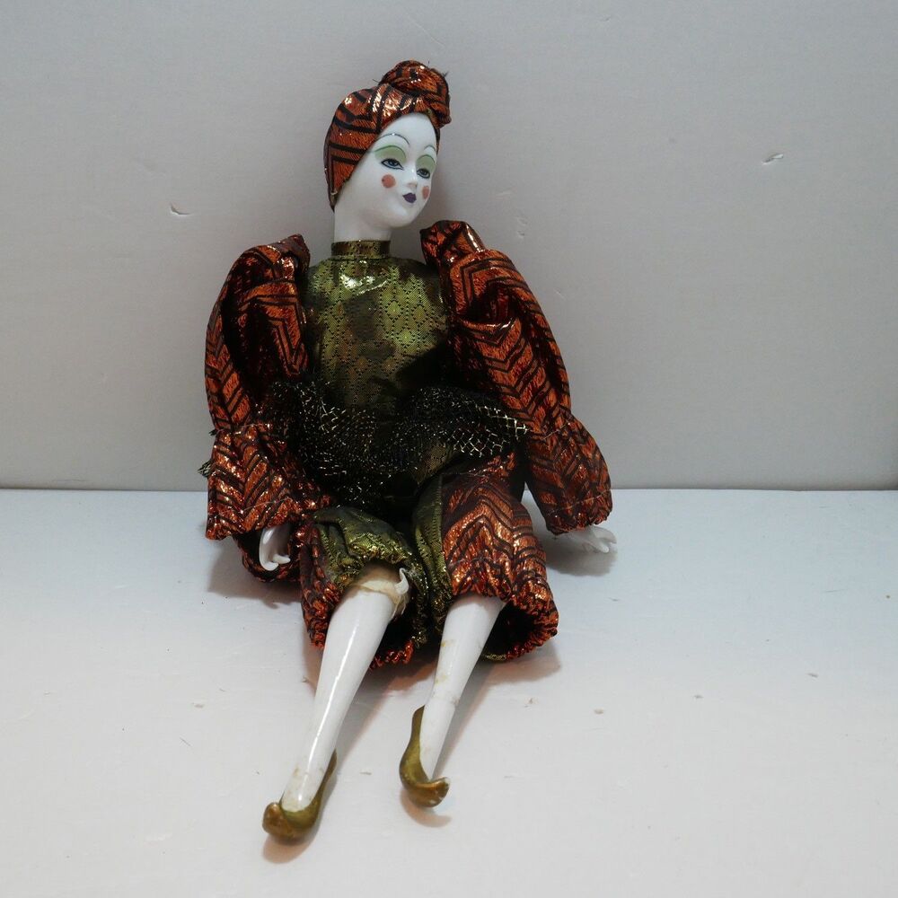 Vtg Harlequin Jester Clown Doll Figurine Works Porcelain Face Hands Feet Legs